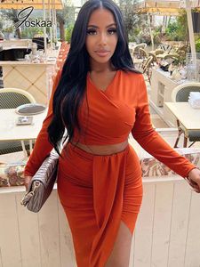 Work Dresses Joskaa Orange Two Piece Set Women Sexy V-neck Long Sleeve Crop Top And Slit Midi Skirt Matching Autumn 2023 Party Club Outfits