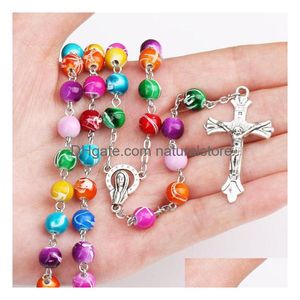 Pendant Necklaces New Religious Catholic Rainbow Rosary Long Jesus Cross 8Mm Bead Chains For Women Men S Fashion Christian Jewelry D Dhgzr