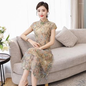 Etniska kläder 2023 Kinesisk stilklänning Qipao National Women Lace Embroidery Cheongsam Elegant Casual Daily Evening Party A31