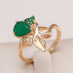 Band Rings Kienl New 585 Rose Gold Flower Ring for Women Luxury Green Natural Zircon Bride Ring Vintage Wedding Jewelry Russian Accessories G230213