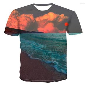 Herr t-skjortor naturligt landskap mönster avslappnad stilig 3D-tryck t-shirt sommarsolnedgång landskap grafisk modemän t-shirts