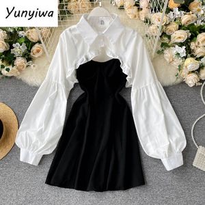 Casual Dresses Autumn Women Sexy Black Spaghetti Strap Dress and White Long Sleeve Blouses Crop Tops Korean Fashion Mini Vestidos 230223