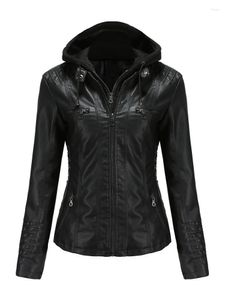 Women's Jackets Removable Hooded Faux Leather Casual Stand Collar Detachable Hood PU Jacket