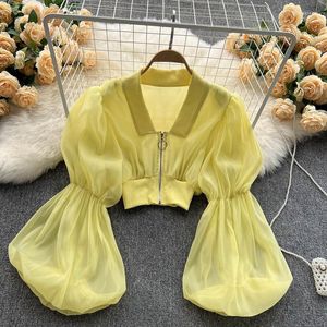 Kvinnors blusar Temperament Design Sense Lantern Sleeve Chiffon Shirt Kort blus Kvinnors Autumn Top Blusas Mujer de Moda 2023