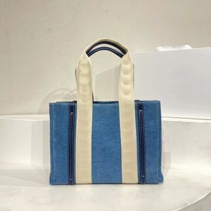 Designer Woody Embroidery Linen Sash Ribbon Tote Bags Linen Stitched Smooth Calf Leather Pitote Bag Two-tone Vertical Leather Trim Woven Handbags Large Shopping Bag