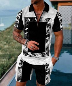 Agasalhos masculinos de verão camisas polo masculinas com manga curta tendência 3D de luxo camiseta de golfe preto faashion blusa calças agasalho conjuntos de 2 peças