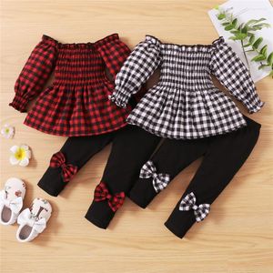 Clothing Sets Baby Girl Christmas Clothes Set Plaid Pullover Top Bow Pants Trousers 1-5Y Toddler Kids Children Festival Holiday Costume