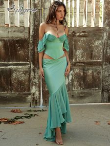 Zweiteiliges Kleid Ailigou Damen-Rock-Set, einfarbig, schulterfrei, sexy Rüschen, ärmellos, Kartenoberteil, lang, lässig, Party 2 230222