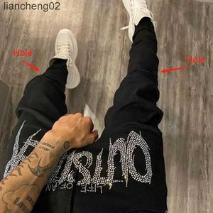 Men's Jeans New Men's Black Jeans Jogging Retro High Waist Rhinestones Skinny Design Hole Hot Drilling Stretch Small Feet Washed Denim Pants W0223