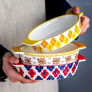 Tigelas cerâmica tigela arroz cozimento pratos bandeja de pizza prato pintado à mão bife macarrão salada louça para forno assado 1pcs