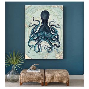 Poster Prints Nautical Coastal Wall Art Picture Antarctica Map Canvas Painting Home Wall Decor Kraken Octopus Tentacles Vintage Woo