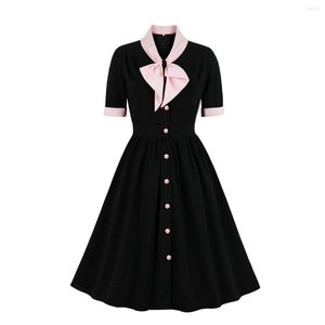 Sukienki swobodne vintage damska sukienka imprezowa sukienka kokardowa przednia koszula czarna sundress krótki rękaw A-line duży huśtawka latem jurken femme