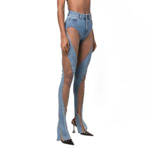 Women's Jeans Autumn Streetwear Sexy Spiral Hollow Mesh Design Splice Split Denim Pants 230223 wholesale brand