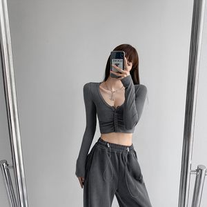 Women's Blouses Shirts 2023 Korean Slim Vneck Long Sleeve BottomedWomens Tops Expose The Navel Cardigan SolidColor Open Knitted 230223