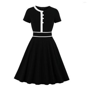 Casual Dresses Black Women Round Neck Elegent A-Line Dress Vintage Button Party Vestidos Short Sleeve Summer Office Lady Lady