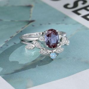Cluster Rings Veryins Oval Cut Alexandrite Vintage Unique Engagement Ring For Women Curved Wedding Bridal Anniversary Gift