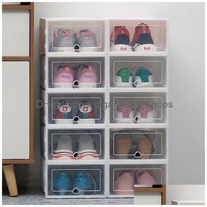 Aufbewahrungsboxen Bins 6PC Transparente verdickte staubdichte Schuhe Organizer Box kann überlagert werden Kombination Schuhschrank Q1130 Drop Ot4Ym