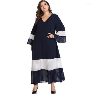 Casual Dresses Plus Size XL-4XL Long Sleeve Flared Pleated Evening Maxi Elegant Large A Line V Neck Women Clothing For Party