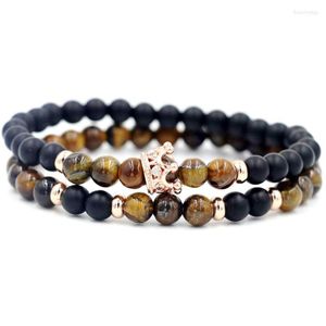 Strand 2pcs/set Natural Onyx Tiger Eye Stone Bracelet Men Silver Color Imperial Crown Bracelets For Women Couples Loves '