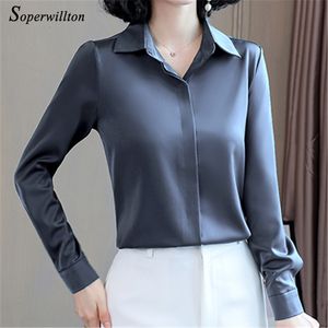 Women's Blouses Shirts Satin Elegant Women's Blouses Autumn Long Sleeve White Shirts Silk Ladies Tops Workwear Fashion Fall Spring Blusas Button Shirts 230223