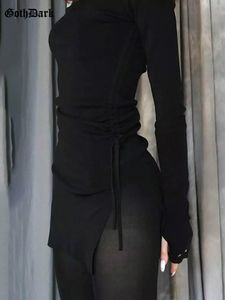 Casual Dresses Goth Dark Mall Gothic DrawString Bodycon Women Mini Y2K Punk Black Spel Sexig långärmad klänning Grunge Basic Partywear 230223