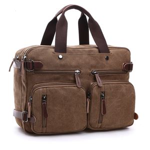 Bortkyror Vintage Men Canvas Bag Leather Portcase Travel Suitcase Messenger Shoulder Tote Handväska Stor Casual Business Laptop Pocket 230223