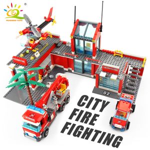 Bloklar Huiqibao 774pcs Fire Station Model Bina Kamyonu Helikopter İtfaiyeci Bricks Şehir Eğitim Oyuncakları Çocuklar İçin Hediye 230222