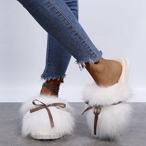 Slippers Women 2023 Winter Furry Woman Bowtie Plush Warm Home Flats Ladies Fashion Cotton Shoes Female Sweet Footwear Plus Size