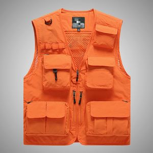 Mäns västar sommaren vneck män taktisk verktyg orange säkerhet utomhus ärmlös jakt fiske manlig casual sportkläder 7xl 230223