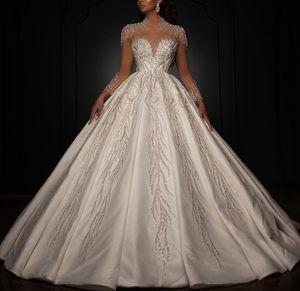 Luxury Ball Gown Wedding Dresses V Neck Long Sleeves Halter Sequins Lace Satin Appliques Floor Length Beaded Diamonds Diamonds Formal Dresses Bridal Gowns Plus Size