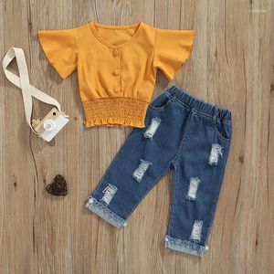 Set di abbigliamento 1-6 anni Ragazza Set due pezzi Scollo a V Maniche corte con volant Camicia elastica in vita gialla tinta unita Jeans strappati abbinati Ragazza Casual