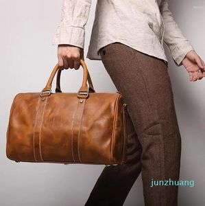 Duffel Bags Vintage Highend Brown Black Genuine Leather Short Trip Business Men Women Travel Shoulder 22 Gym Duffle Bag M1028
