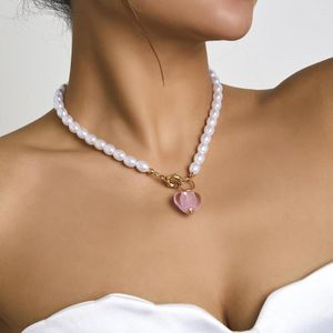 Catene Cute Pink Heart Pendant OT Buckle Clavicle Collana Women Girl Party Jewelry Vintage Pearl Beads Choker Charming