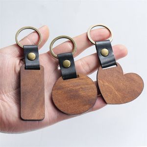 Keychains Lanyards Diy Wooden Keychain Blank Carved Leather Wood Pendant Decorative Heart Round Key Chain Keyring