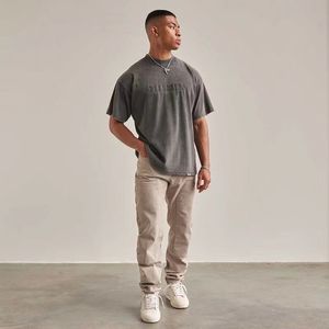 Męskie koszulki haftowane alfabet myjka do starego vintage fala luźna Hip Hop Solid Kolor Leggings Crewneck krótkie rękaw