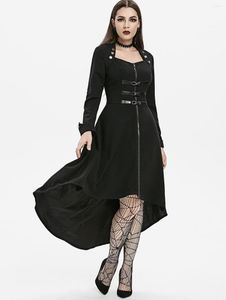 Casual Dresses Plus Size Gothic Women Black Punk Dress High Low Button Embellished Autumn Fashion Dip Hem Zip Up Long Maxi Vestidos