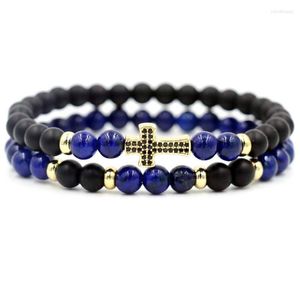 Strand 2pcs/Set Blue Lapis Lazuli Stone Bracelets Mężczyźni InLay Cyrkon Krzyża Bransoletę Urok Energy Bransoletę dla kobiet Pary Love Gift