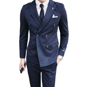 Men's Suits Blazers Jacket Vest Pants Boutique Stripe Formal Business Mens 3 Piece 2 set Groom's Wedding Dress Navy Blue Black Gray 230222