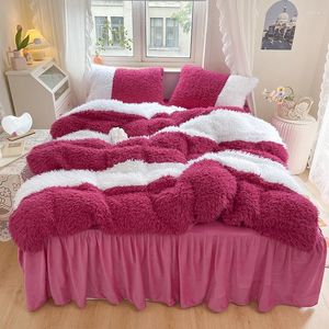 Set di biancheria da letto Inverno Doppio colore Lana di agnello in pile Morbido caldo Spessa Set Copripiumino Lenzuolo con angoli Federe Gonna