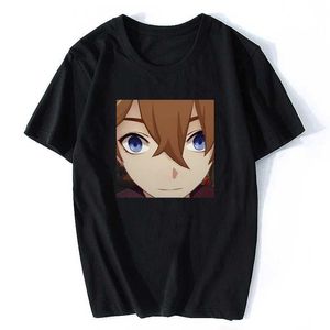 Herr t-shirts anime tartaglia ansikte meme t shirt män mode tee kort ärm genshin påverkan spel t-shirt o nack toppar kvinnor harjujuk streetwear 022223h