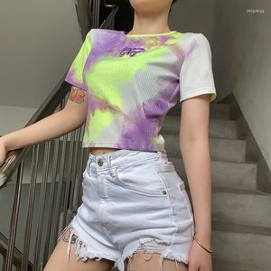 T-shirt da donna 2023 Tie Dye Farfalla Ricamo Crop Top Estate Donna Manica corta Slim Fit T-shirt Harajuku Streetwear Moda Tee Shirt