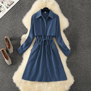 Casual Dresses 2023 Autumn Button Down Shirt Dress DrawString Elegant Fashion Office Lady Turn Collar Slim Midje Fick Long Long