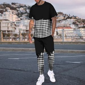 Herrspårar Summer Suit 3D Printing Geometric Check Line Tshirtsports Pants 2 -Piece Street Sports Jogging 230222