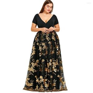 Casual Dresses Women Plus Size 5XL Floral Sparkly Maxi Prom Sequined Dress Sexy Deep V Neck Short Sleeves Elegant Party Vestidos Femme