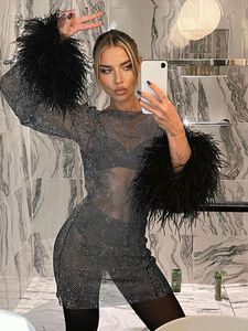 Casual Dresses Fashion Sexy Feather Patchwork Long Sleeve Mesh Dress Women Spring Seethrough BodyCon Package Hip Party Night Club 230223