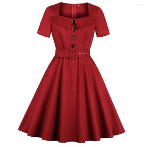 Casual Dresses Square Collar Vintage Women Sexy Dress Four Button Pinup Swing Evening Party Vestidos Red Color Summer Retro