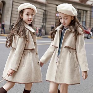 Belägg varje grilen Autumn Thick Outwear Girl Wool Jackets Children Long S Fashion Winter Gril Warm Jacket Wind Cloak 230222