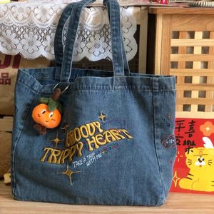 Shopping Bags Retro Denim Jeans Embroidery Casual Tote Cool Girl Shoulder Bags Soft Student Large Capacity Shopping Handbags Vintage 230223