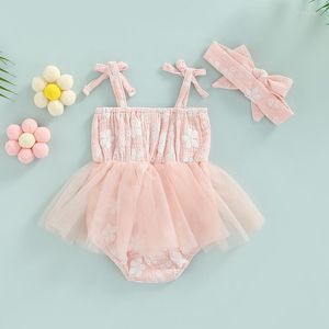 Clothing Sets Toddler Baby Girl Sleeveless Jumpsuit Tie-Up Floral Print Tulle Skirt Hem Patchwork Romper Bow Headband