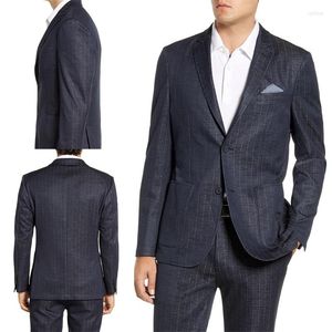 Мужские костюмы 2023 темно -синяя полоса хлопковая смесь формальная британская джентльменская мужская костюм 2 штуки две пуговицы свадебные смокинги